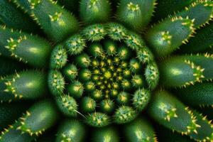 Close-up of a spiral cactus pattern showcasing vibrant greens. photo