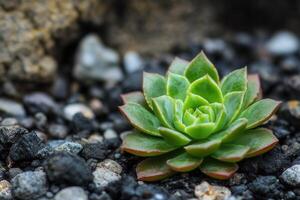 Close-up of a succulent plant on rocky soil. photo