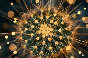 Close-up of a cactus with vibrant spikes and bokeh effect. photo