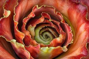 Close-up of a vibrant, swirling rose blossom. photo