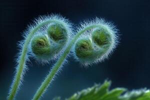Close-up of fern fronds emerging from the ground. photo