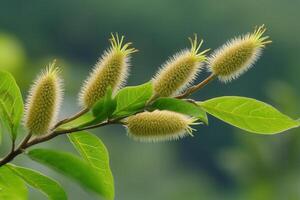 Close-up of fuzzy plant buds on a green branch. photo