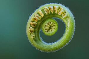 Close-up of a vibrant green fern frond unfurling. photo