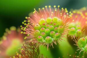 Close-up of a vibrant sundew plant with dew droplets. photo