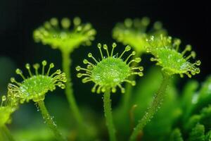 Close-up of dew-covered green plants with tentacle-like features. photo