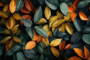 Colorful leaves in various shades on a dark background. photo
