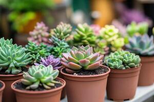Colorful succulent plants in terracotta pots. photo