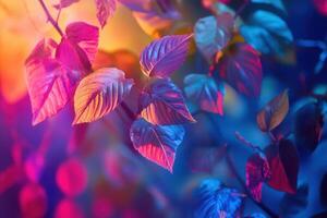 Colorful leaves illuminated in vibrant lighting. photo