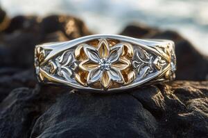 Elegant floral ring with intricate design and diamond. photo
