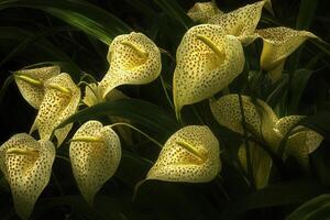 Elegant yellow-spotted flowers amidst lush green leaves. photo