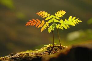 Delicate ferns growing on a mossy surface. photo