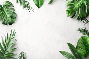 Green tropical leaves arranged on a light background. photo