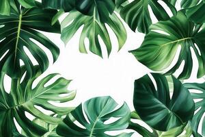 Lush green leaves frame a blank space for design. photo