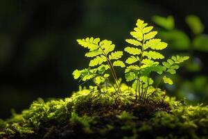 Lush ferns illuminated on a mossy surface. photo