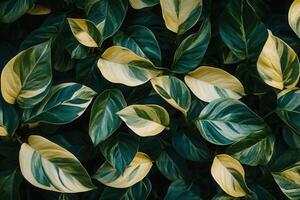 Lush green and yellow leaves create a vibrant foliage backdrop. photo