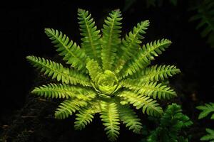 Lush green fern with radiating leaves. photo