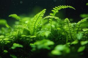 Lush green ferns with droplets in a serene environment. photo