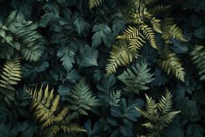 Lush green foliage with various ferns and leaves. photo