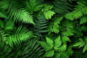 Lush green leaves and ferns create a vibrant natural scene. photo