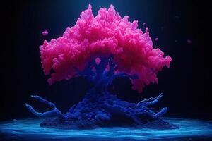 Vibrant pink tree with glowing roots in dark water. photo