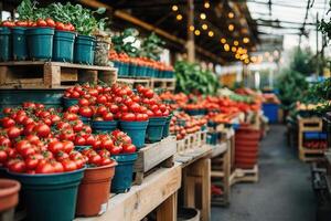 Vibrant market filled with fresh tomatoes in pots. photo