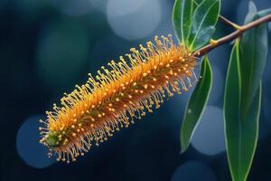 Vibrant orange flower with elongated stamens and leaves. photo