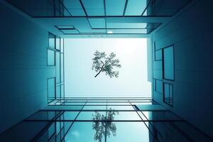 View of a tree through modern glass architecture. photo