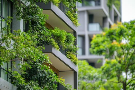 Modern building with greenery on balconies. photo