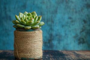 Succulent plant in a rustic pot on a textured background. photo