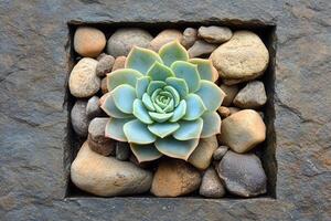 Succulent plant surrounded by smooth stones in a frame. photo
