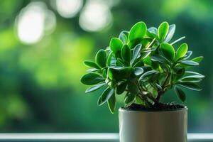 Small green plant in a pot with a blurred background. photo