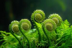 Spiral ferns emerging from lush greenery with dew droplets. photo