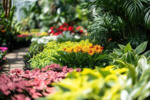 Vibrant flower display in a greenhouse setting. photo