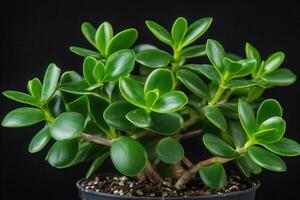 Lush green succulent plant in a black pot. photo