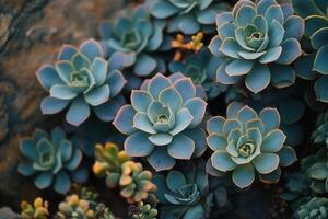 Lush green succulents with vibrant edges in natural setting. photo