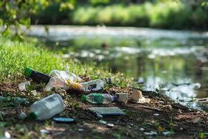 Plastic bottles and other trash are scattered on the ground near a river photo