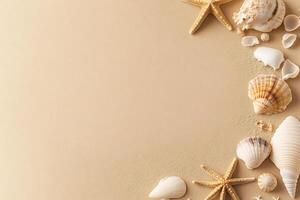 Sea shells and starfish on a beige background photo