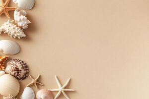 Sea shells and starfish on a beige background photo
