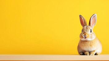 A rabbit sitting on a shelf against a yellow background photo