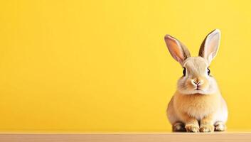 A rabbit sitting on a table with a yellow background photo