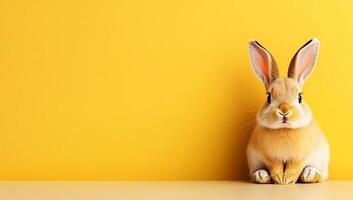A rabbit is sitting on a yellow background photo