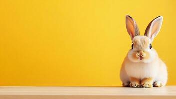 A small rabbit sitting on a table in front of a yellow background photo