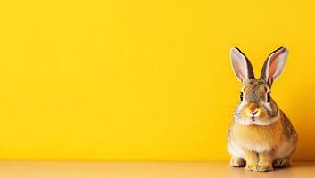 A rabbit is sitting on a table in front of a yellow background photo