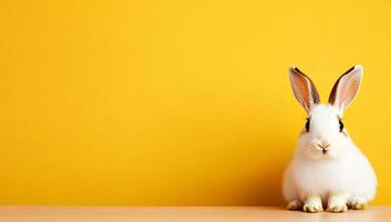 A white rabbit sitting on a table in front of a yellow background photo