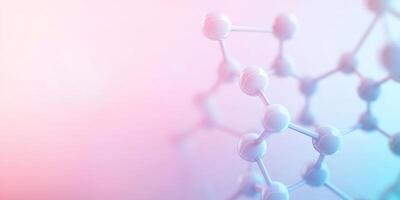 A molecule structure is shown in front of a pink and blue background photo