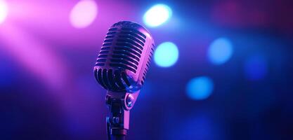 A microphone on a stage with lights behind it photo
