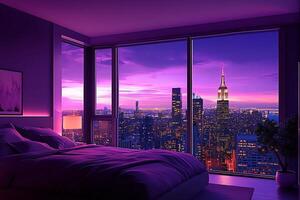 A bedroom with a bed and a window with a city view photo