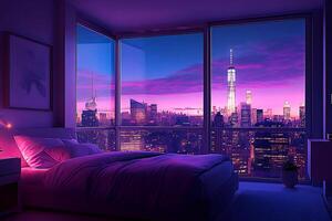 A bedroom with a bed and a window with a city view photo
