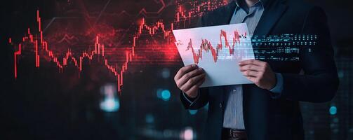 Man in suit holding paper with stock market graph photo