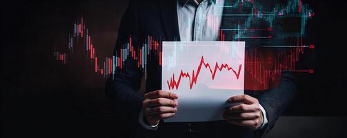 Man holding paper with graph and stock market chart photo